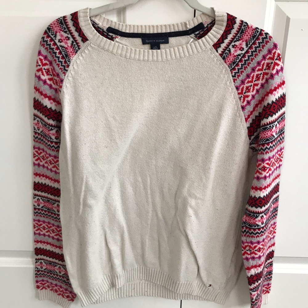 tan colored sweater with accent sleeves